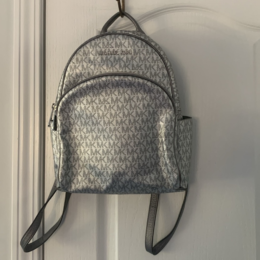 Michael Kors Silver shimmer Monogram Backpack shiny zipper leather compartments - Picture 6 of 16